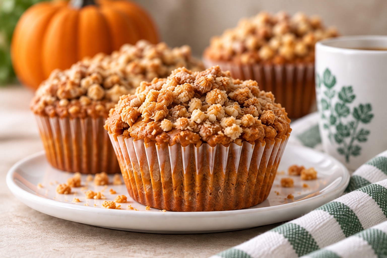 Illustrative image of pumpkin muffins in paper liners with a crumb topping.